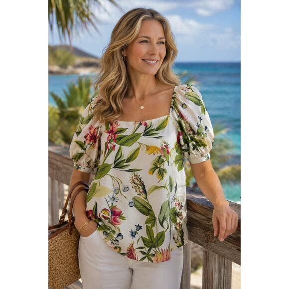 Chico's Tops - Chico's Floral Tropical Blouse size 0 US M puff sleeve square neck cotton blend